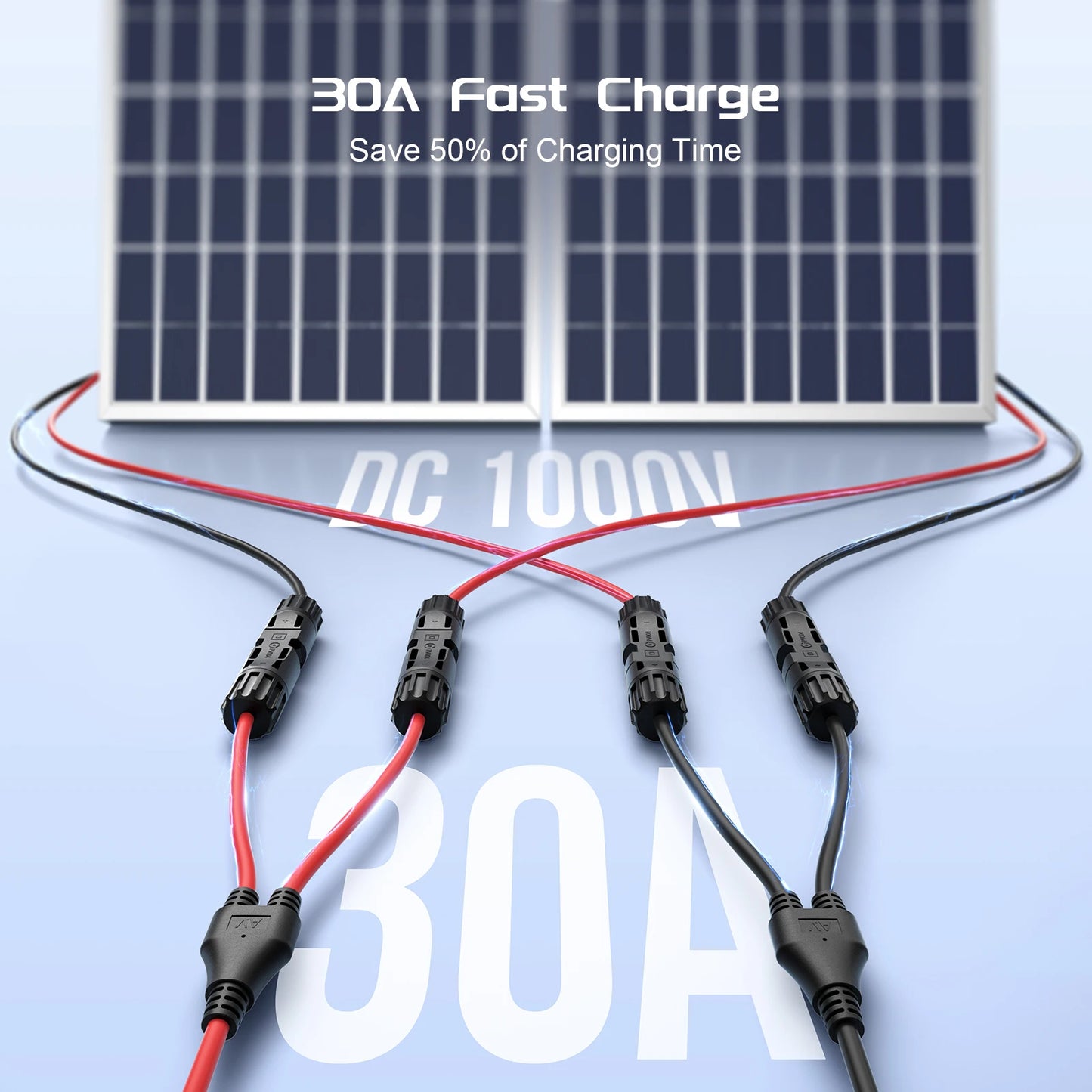 Solar Connectors 30A Y-Branch Cable, Solar Cable Parallel Adaptor Solar Panel Wire Connectors in Pair for Solar Panel