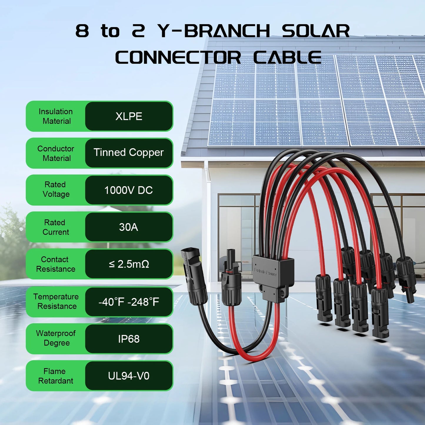 Solar Connectors 30A Y-Branch Cable, Solar Cable Parallel Adaptor Solar Panel Wire Connectors in Pair for Solar Panel
