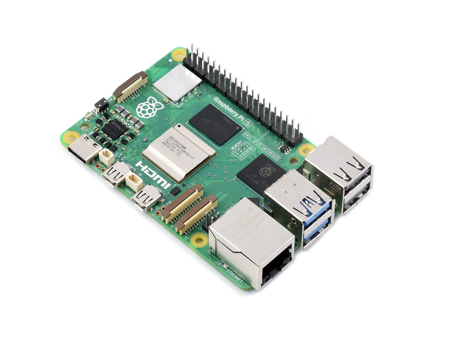 Raspberry Pi 5, Options for 4GB/8GB RAM, BCM2712 processor, 2.4GHz quad-core 64-bit Arm Cortex-A76 CPU Built Using RP1 I/O